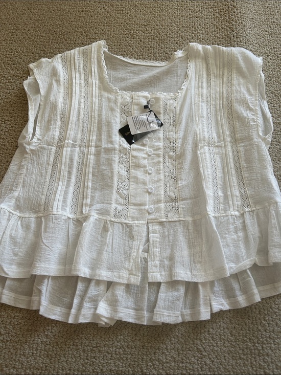 Amazon Tops - Women's White Textured Button Front Ruffle Top